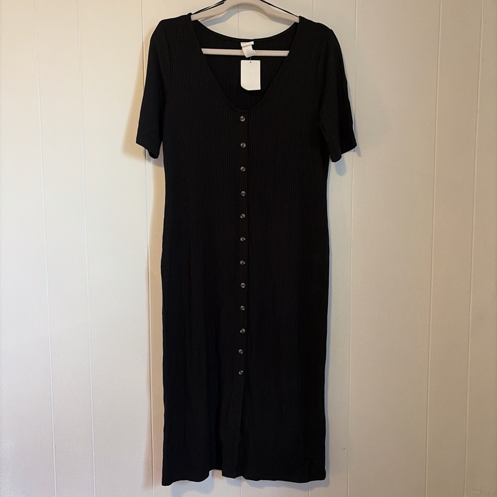 H&M Black Midi Dress with Button Detail